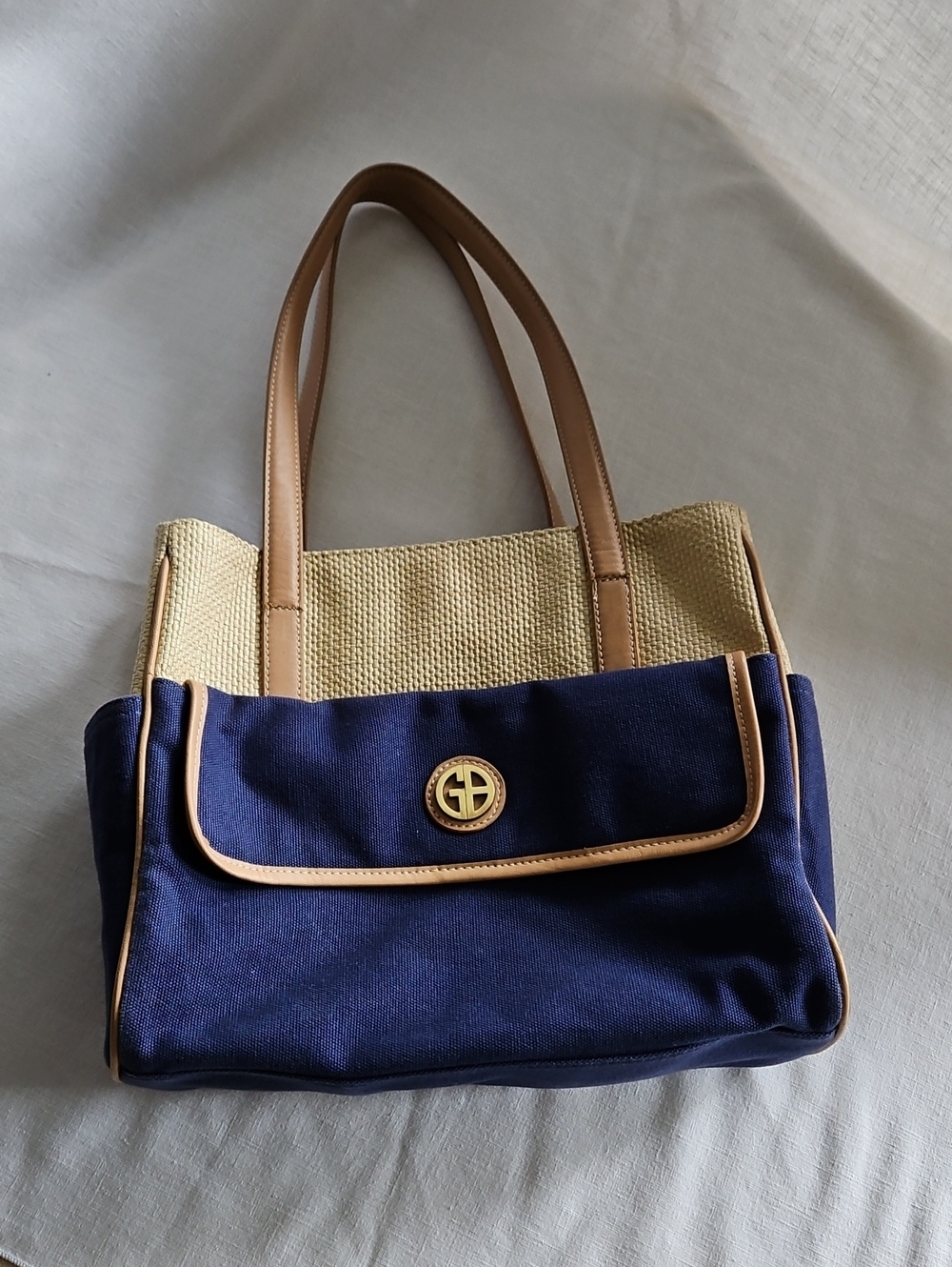 Giani Bernini Navy Canvas and Tan Straw-Trim Shoulder Bag